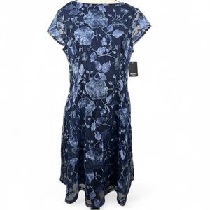 MARINA Navy Lace Floral Cap Sleeved Midi Dress | M